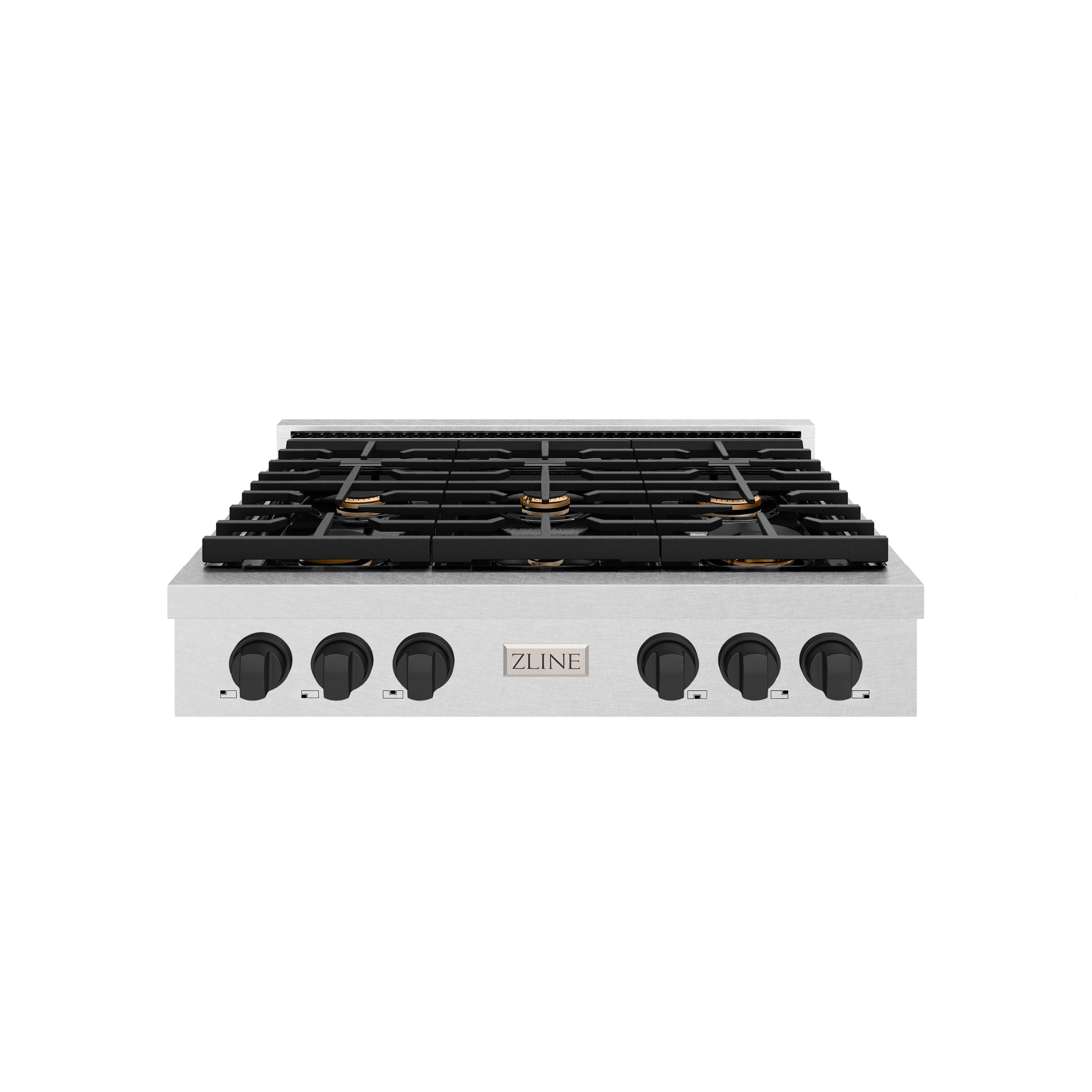 ZLINE 36 in. Autograph Edition Paramount Gas Rangetop with 6 Burners and Porcelain Cooktop in DuraSnow® Stainless Steel with Matte Black Accents (SRTSZ-36-MB)