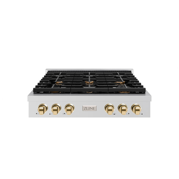 ZLINE 36 in. Autograph Edition Paramount Gas Rangetop with 6 Burners and Porcelain Cooktop in Stainless Steel with Polished Gold Accents (SRTZ-36-G)