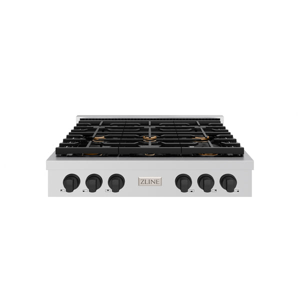 ZLINE 36 in. Autograph Edition Paramount Gas Rangetop with 6 Burners and Porcelain Cooktop in Stainless Steel with Matte Black Accents (SRTZ-36-MB)