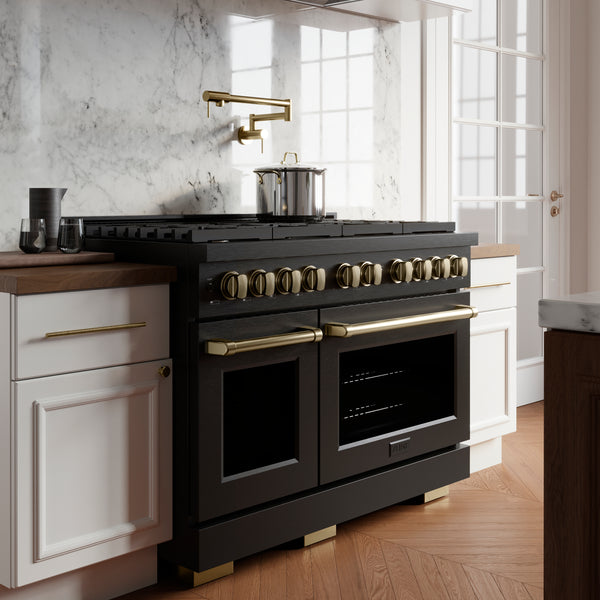 ZLINE Autograph Edition 48 in. 6.7 cu. ft. Paramount Double Oven Dual Fuel Range with 8 Burner Gas Cooktop in Black Stainless Steel and Champagne Bronze Accents (SDRBZ-48-CB)