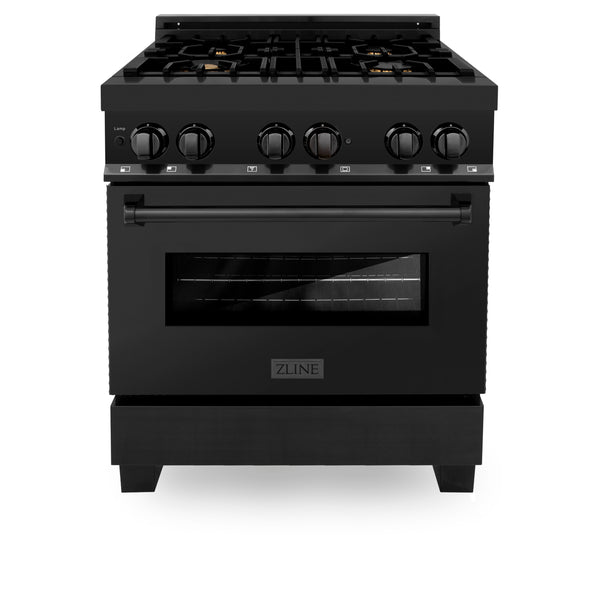 ZLINE Kitchen Package with Black Stainless Steel Refrigeration, 30" Dual Fuel Range, 30" Range Hood, Microwave Drawer, and 24" Tall Tub Dishwasher (5KPR-RABRH-MWDWV)