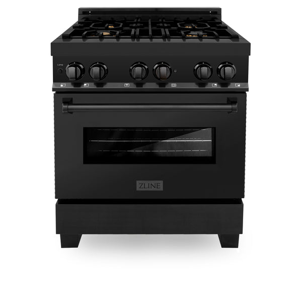 ZLINE 30" Kitchen Package with Black Stainless Steel Dual Fuel Range, Convertible Vent Range Hood and Microwave Drawer (3KP-RABRH30-MW)