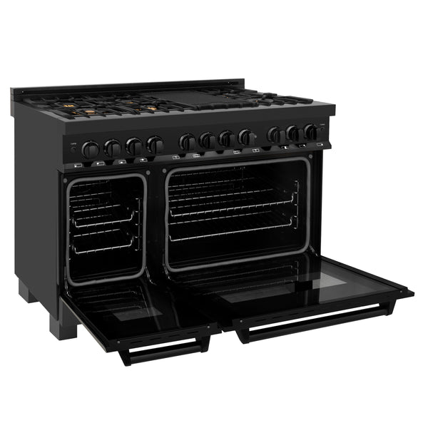 ZLINE 48" Kitchen Package with Black Stainless Steel Dual Fuel Range, Convertible Vent Range Hood and Microwave Drawer (3KP-RABRH48-MW)