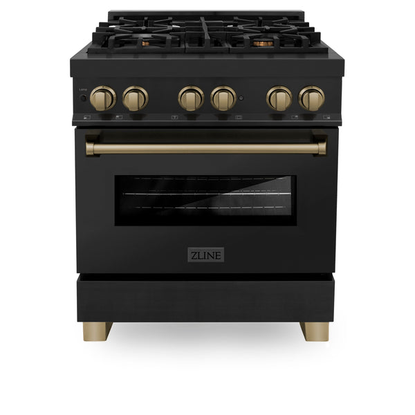 ZLINE Appliances - 2 Piece Kitchen Package - 30" Autograph Edition Black Stainless Steel Dual Fuel Range and Range Hood with Champagne Bronze Accents (2AKP-RABRH30-CB)