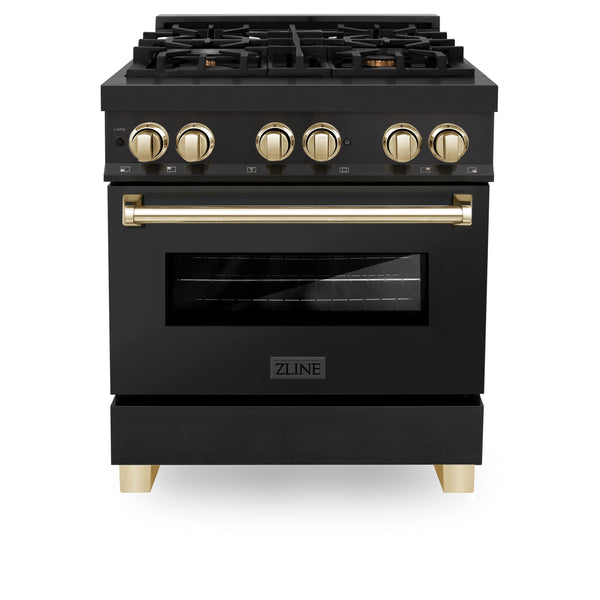 ZLINE Appliances 30" Autograph Edition Kitchen Package with Black Stainless Steel Dual Fuel Range, Range Hood and Dishwasher with Gold Accents (3AKP-RABRHDWV30-G)