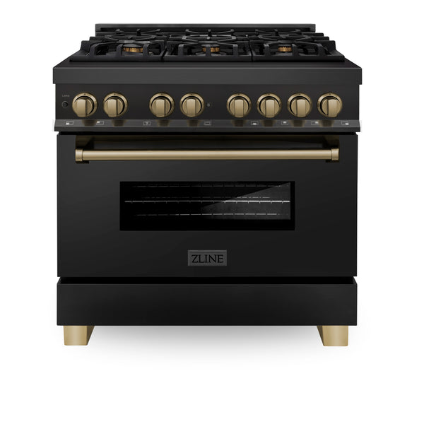 ZLINE Appliances 36" Autograph Edition Kitchen Package with Black Stainless Steel Dual Fuel Range, Range Hood and Dishwasher with Champagne Bronze Accents (3AKP-RABRHDWV36-CB)