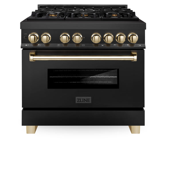 ZLINE Appliances 36" Autograph Edition Kitchen Package with Black Stainless Steel Dual Fuel Range, Range Hood and Dishwasher with Gold Accents (3AKP-RABRHDWV36-G)