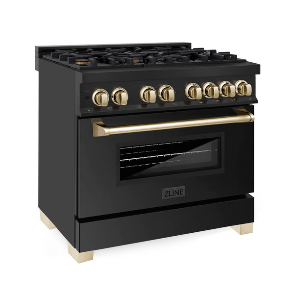 ZLINE Appliances 36" Autograph Edition Kitchen Package with Black Stainless Steel Dual Fuel Range, Range Hood and Dishwasher with Gold Accents (3AKP-RABRHDWV36-G)