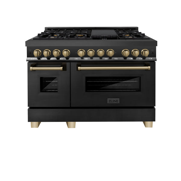 ZLINE Appliances 48" Autograph Edition Kitchen Package with Black Stainless Steel Dual Fuel Range, Range Hood and Dishwasher with Champagne Bronze Accents (3AKP-RABRHDWV48-CB)