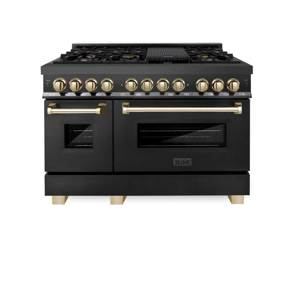 ZLINE Appliances 48" Autograph Edition Kitchen Package with Black Stainless Steel Dual Fuel Range, Range Hood and Dishwasher with Gold Accents (3AKP-RABRHDWV48-G)