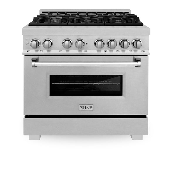 ZLINE 36" Kitchen Package with DuraSnow® Stainless Dual Fuel Range, Ducted Vent Range Hood and Dishwasher (3KP-RASRH36-DW)