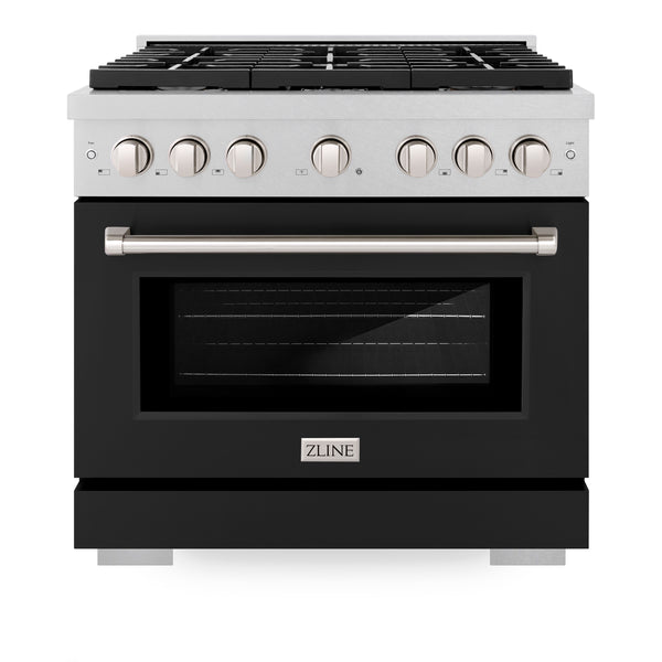 ZLINE 36 in. 5.2 cu. ft. Paramount Dual Fuel Range with 6 Burner Gas Cooktop and Electric Convection Oven in DuraSnow® Stainless Steel with Black Matte Door (SDRS-BLM-36)