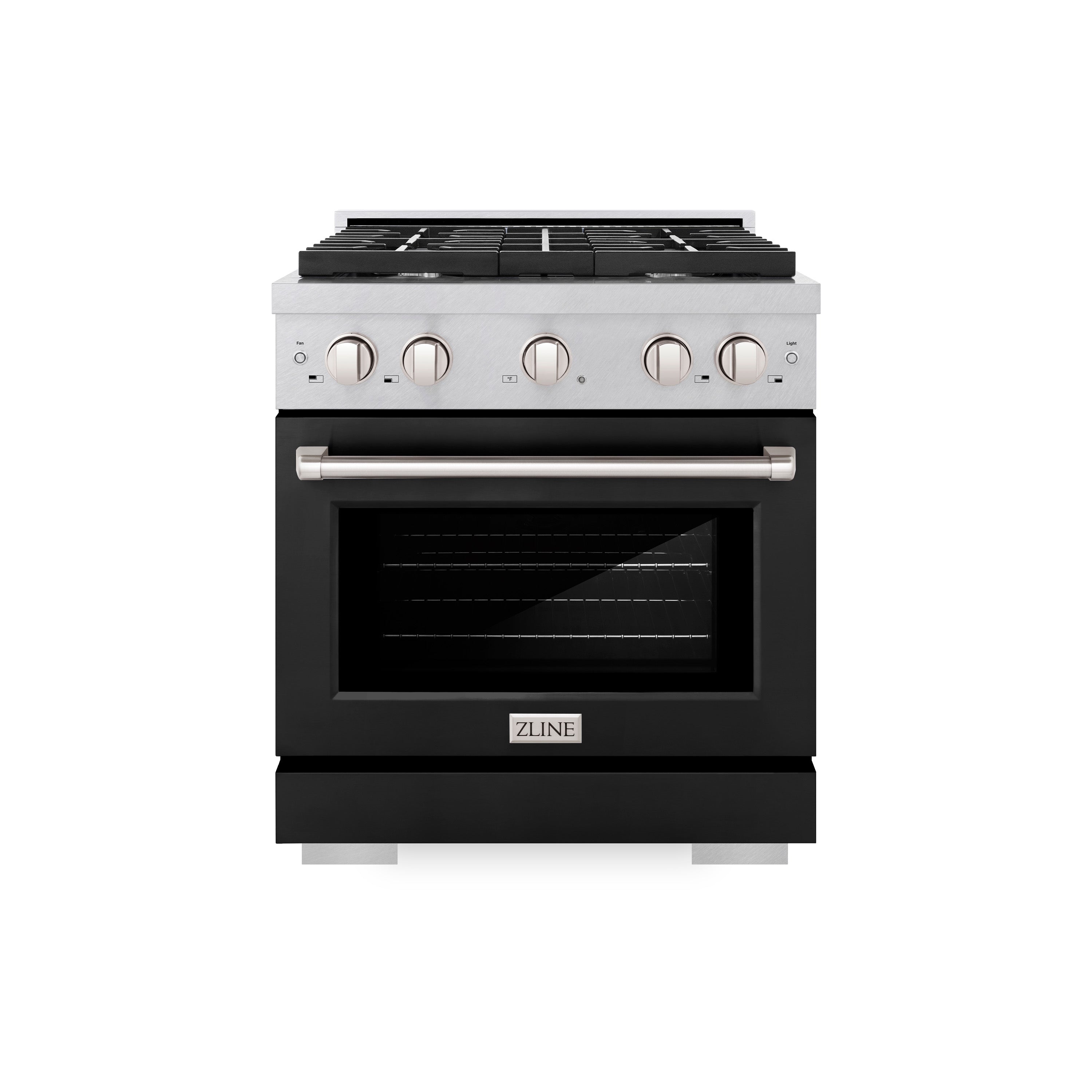 ZLINE 30 in. 4.2 cu. ft. 4 Burner Gas Range with Convection Gas Oven in DuraSnow® Stainless Steel with Black Matte Door (SGRS-BLM-30)