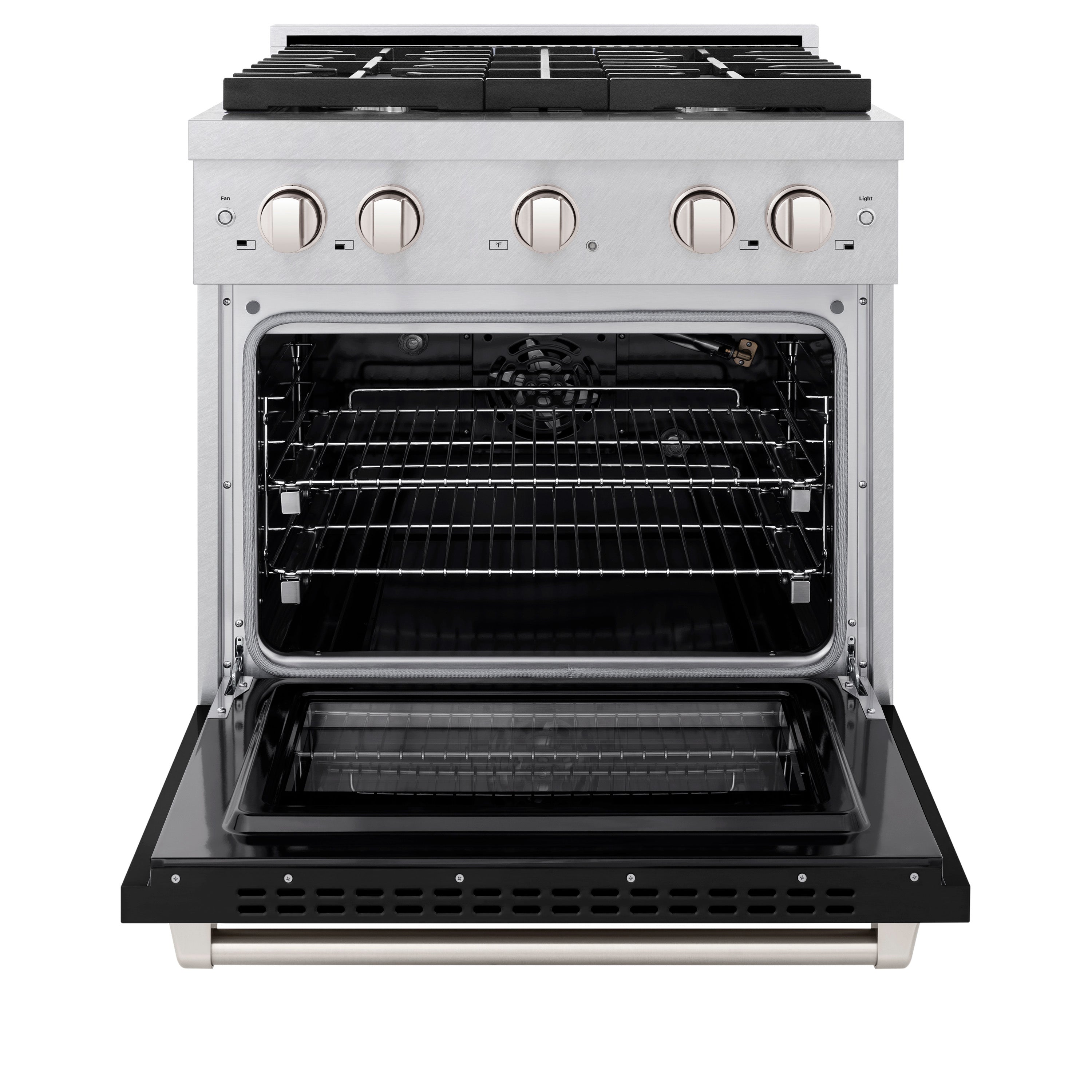 ZLINE 30 in. 4.2 cu. ft. 4 Burner Gas Range with Convection Gas Oven in DuraSnow® Stainless Steel with Black Matte Door (SGRS-BLM-30)