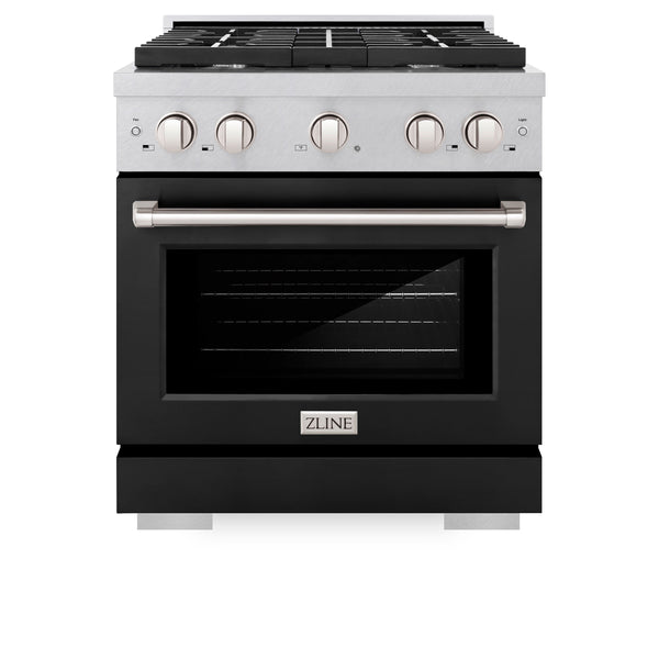 ZLINE 30 in. 4.2 cu. ft. 4 Burner Gas Range with Convection Gas Oven in DuraSnow® Stainless Steel with Black Matte Door (SGRS-BLM-30)