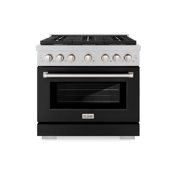 ZLINE 36 in. 5.2 cu. ft. 6 Burner Gas Range with Convection Gas Oven in DuraSnow® Stainless Steel with Black Matte Door (SGRS-BLM-36)