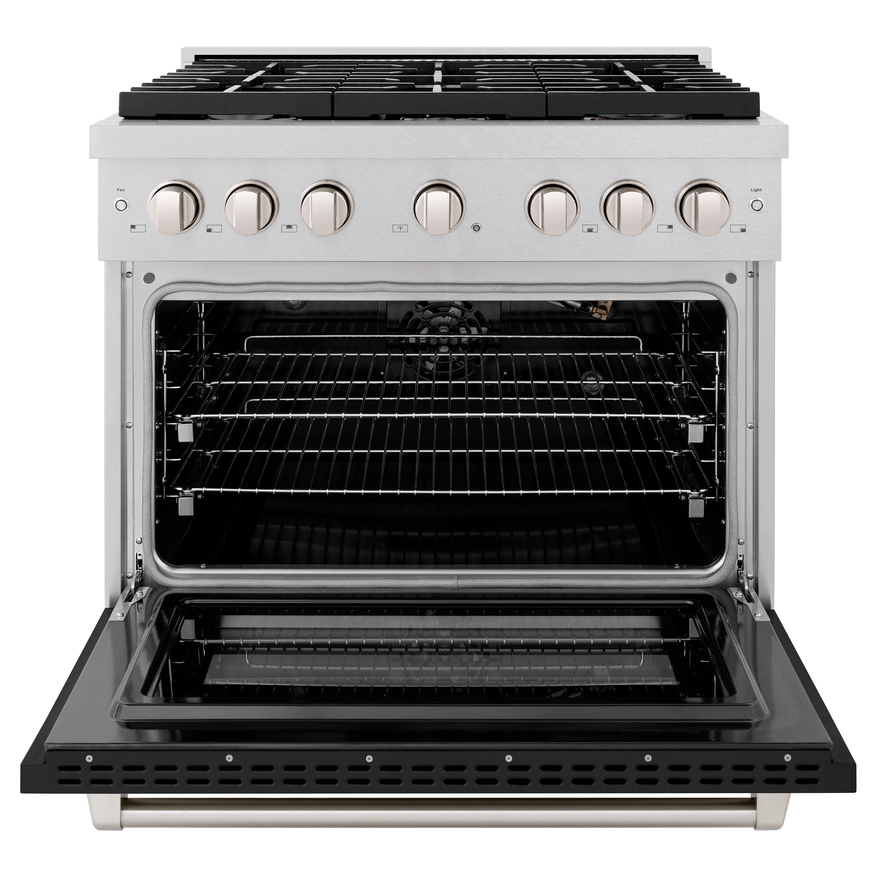 ZLINE 36 in. 5.2 cu. ft. 6 Burner Gas Range with Convection Gas Oven in DuraSnow® Stainless Steel with Black Matte Door (SGRS-BLM-36)