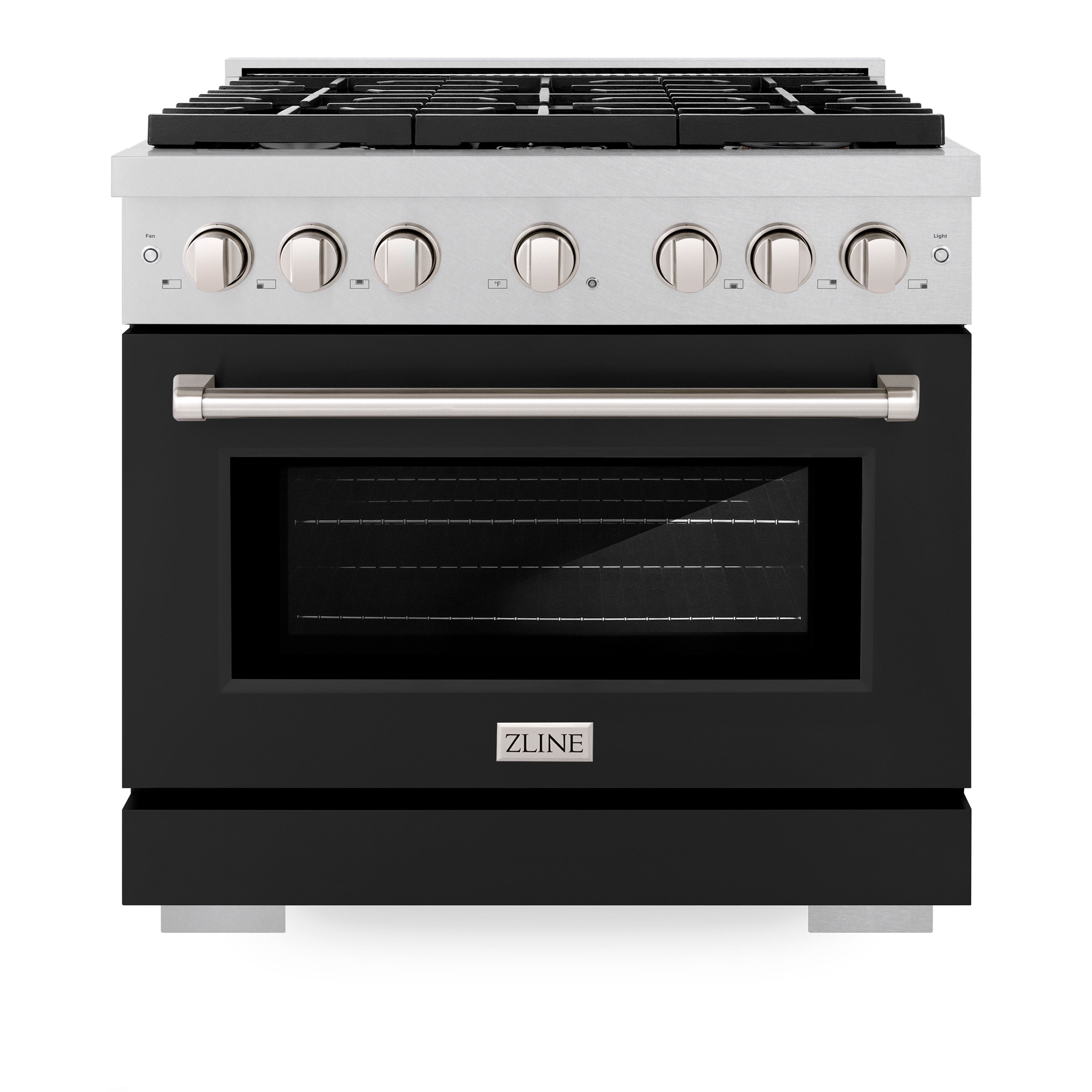 ZLINE 36 in. 5.2 cu. ft. 6 Burner Gas Range with Convection Gas Oven in DuraSnow® Stainless Steel with Black Matte Door (SGRS-BLM-36)