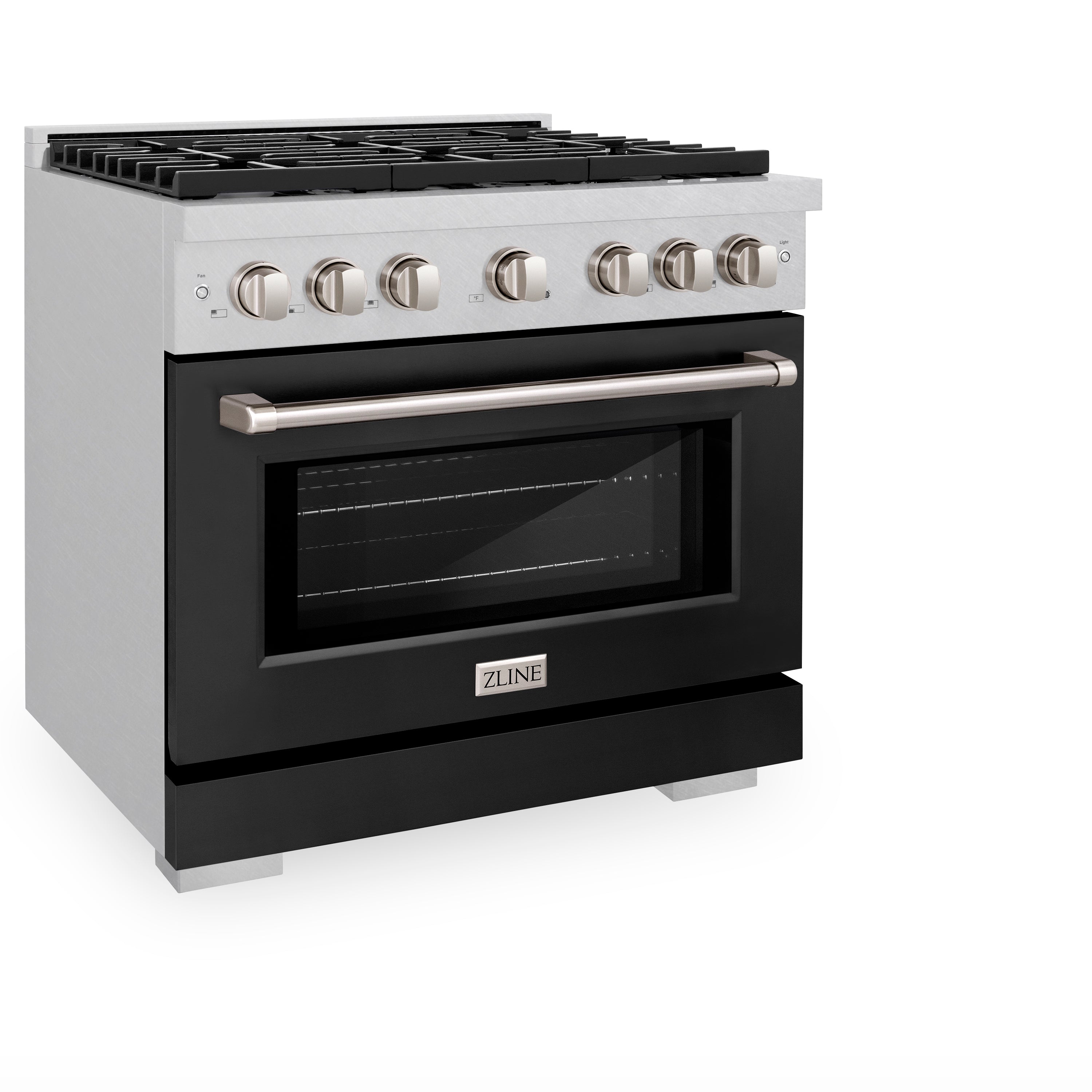 ZLINE 36 in. 5.2 cu. ft. 6 Burner Gas Range with Convection Gas Oven in DuraSnow® Stainless Steel with Black Matte Door (SGRS-BLM-36)