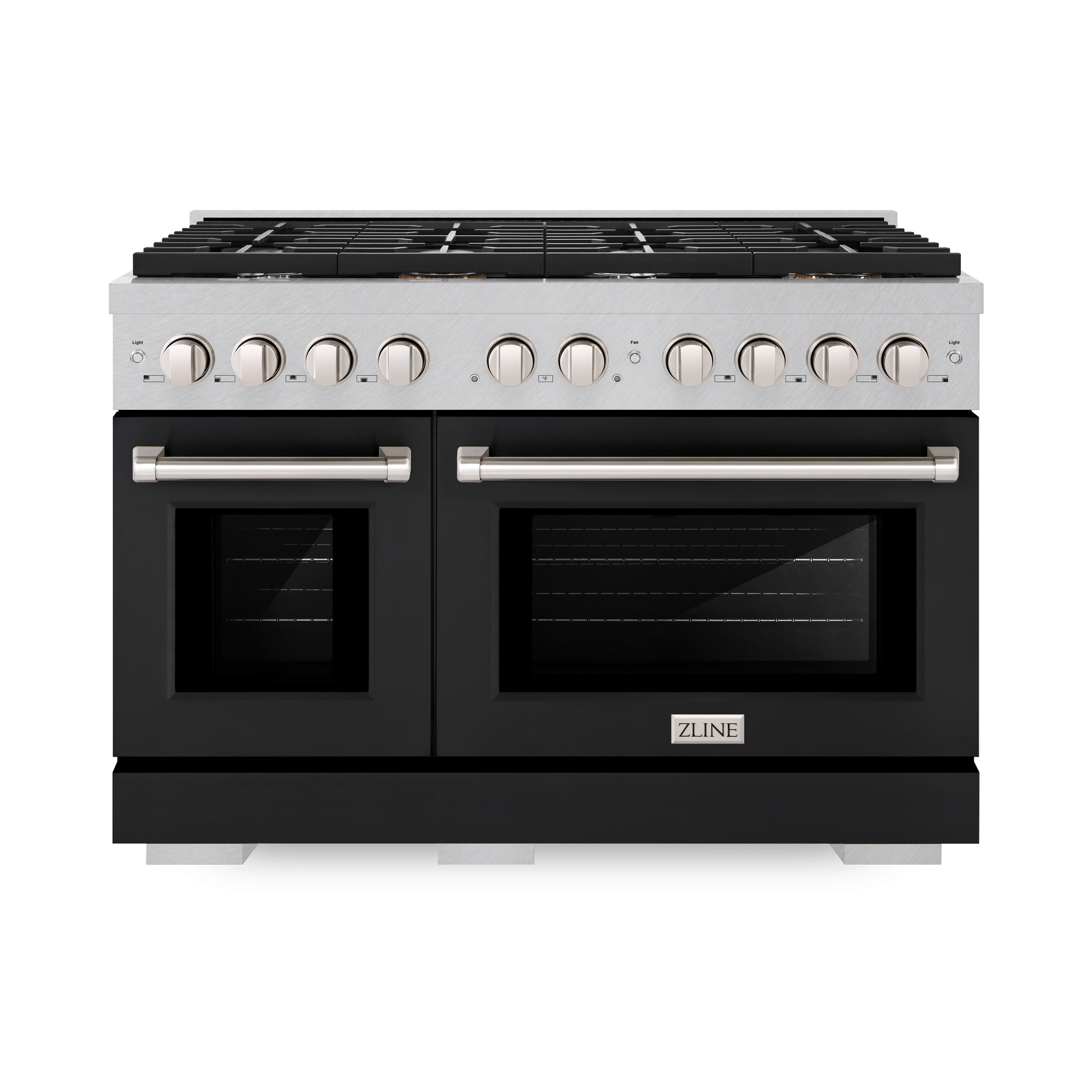 ZLINE 48 in. 6.7 cu. ft. 8 Burner Double Oven Gas Range in DuraSnow® Stainless Steel with Black Matte Doors (SGRS-BLM-48)