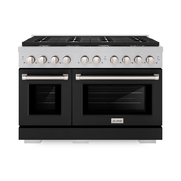 ZLINE 48 in. 6.7 cu. ft. 8 Burner Double Oven Gas Range in DuraSnow® Stainless Steel with Black Matte Doors (SGRS-BLM-48)