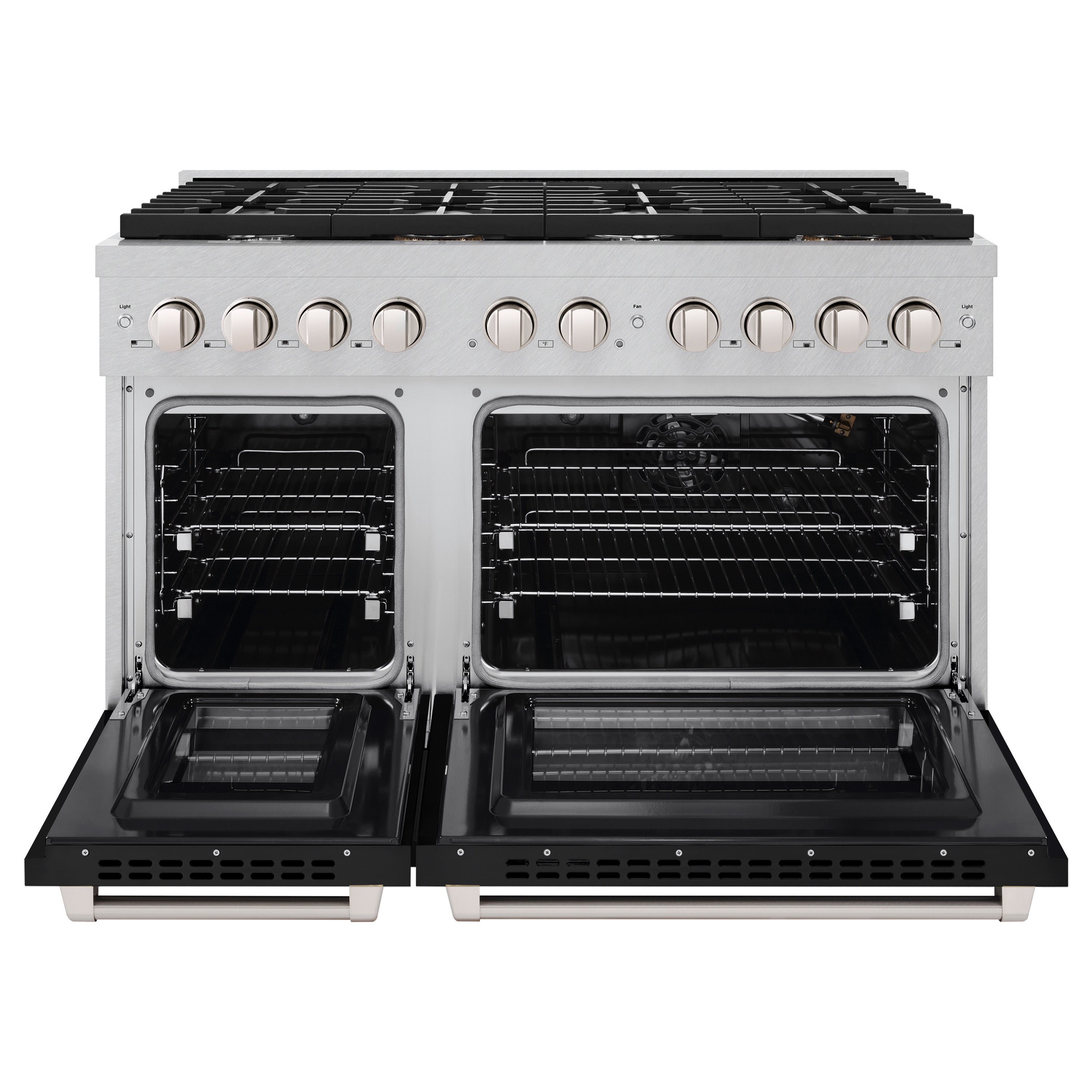 ZLINE 48 in. 6.7 cu. ft. 8 Burner Double Oven Gas Range in DuraSnow® Stainless Steel with Black Matte Doors (SGRS-BLM-48)