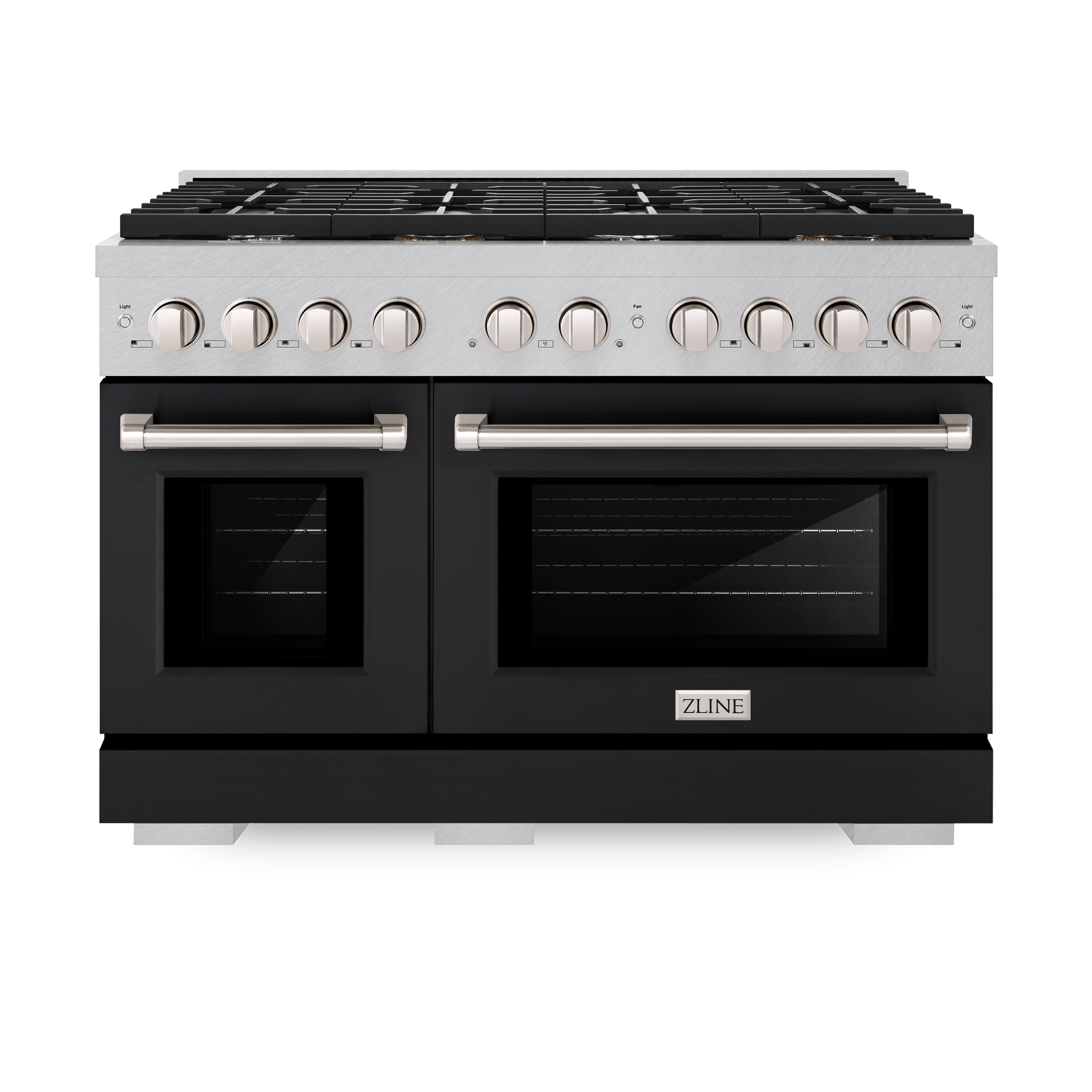 ZLINE 48 in. 6.7 cu. ft. 8 Burner Double Oven Gas Range in DuraSnow® Stainless Steel with Black Matte Doors (SGRS-BLM-48)