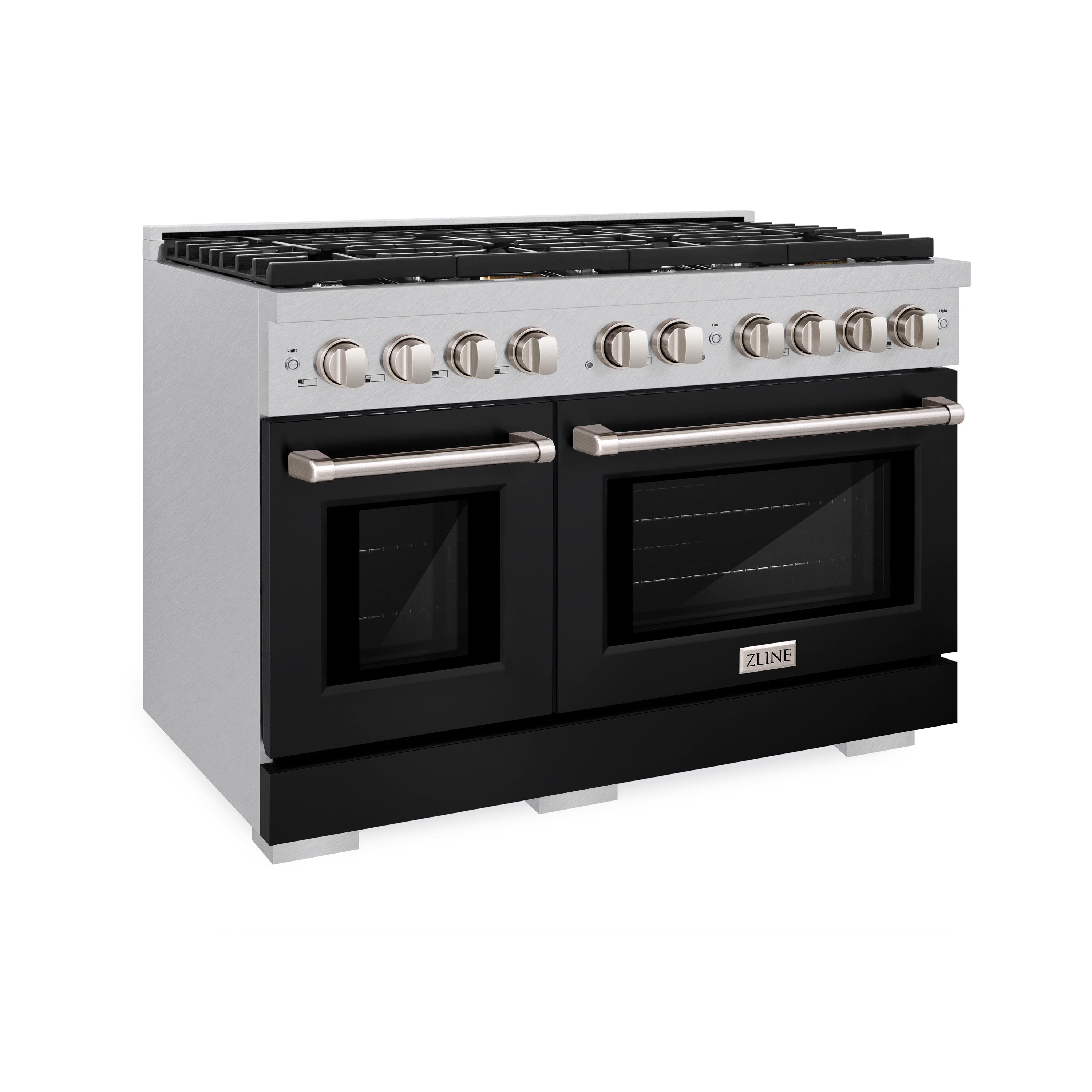 ZLINE 48 in. 6.7 cu. ft. 8 Burner Double Oven Gas Range in DuraSnow® Stainless Steel with Black Matte Doors (SGRS-BLM-48)