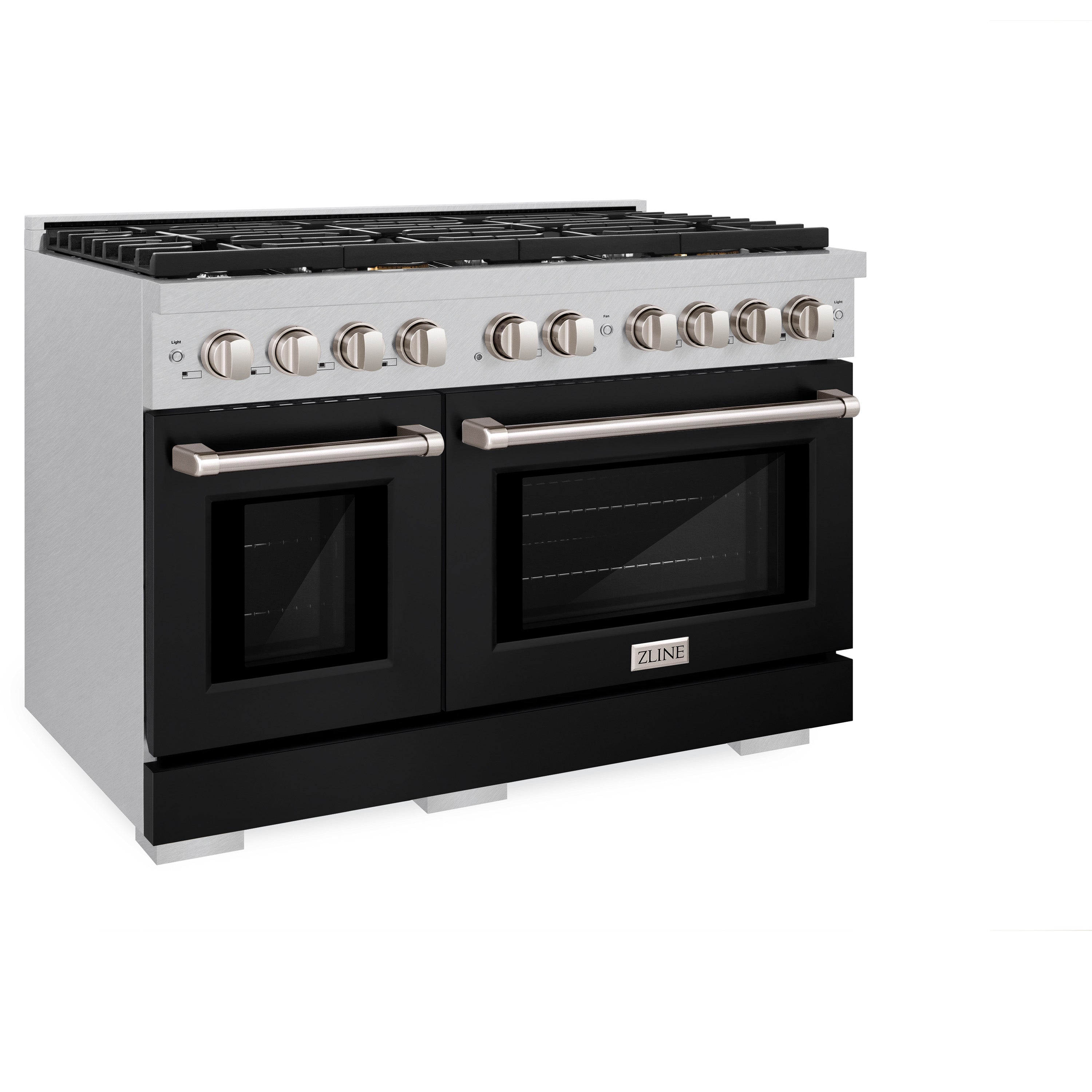 ZLINE 48 in. 6.7 cu. ft. 8 Burner Double Oven Gas Range in DuraSnow® Stainless Steel with Black Matte Doors (SGRS-BLM-48)