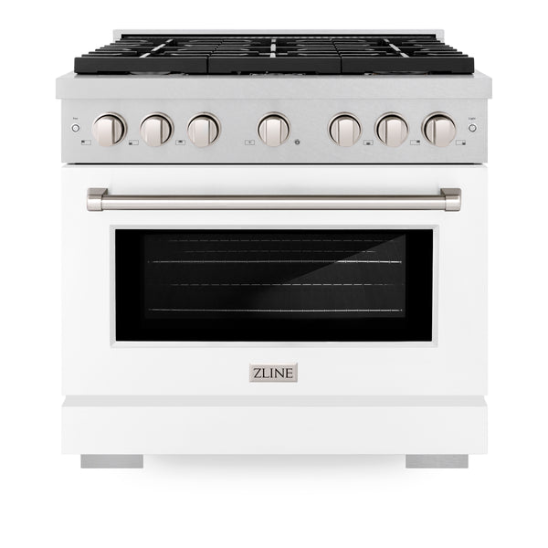 ZLINE 36 in. 5.2 cu. ft. Paramount Dual Fuel Range with 6 Burner Gas Cooktop and Electric Convection Oven in DuraSnow® Stainless Steel with White Matte Door (SDRS-WM-36)