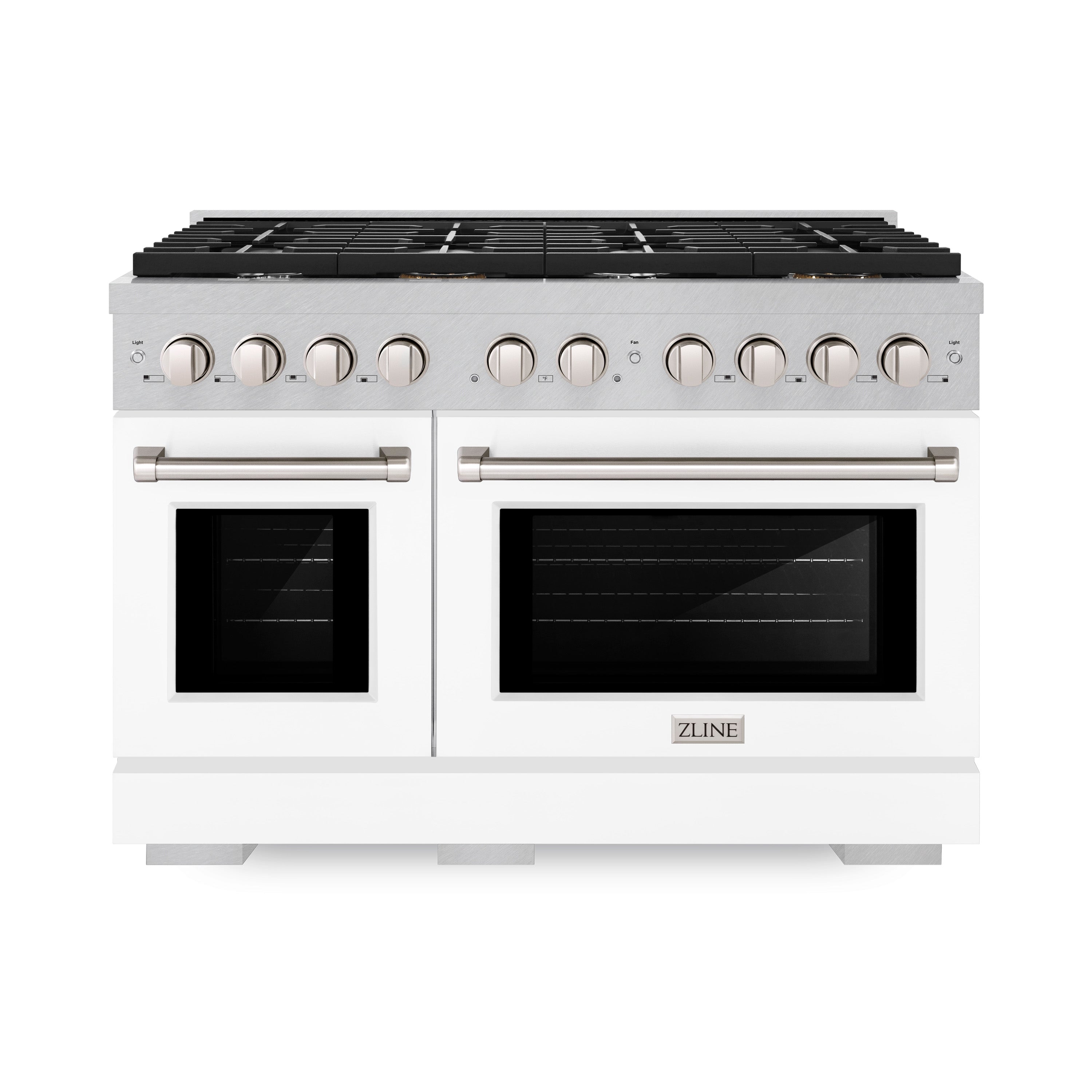 ZLINE 48 in. 6.7 cu. ft. 8 Burner Double Oven Gas Range in DuraSnow® Stainless Steel with White Matte Doors (SGRS-WM-48)