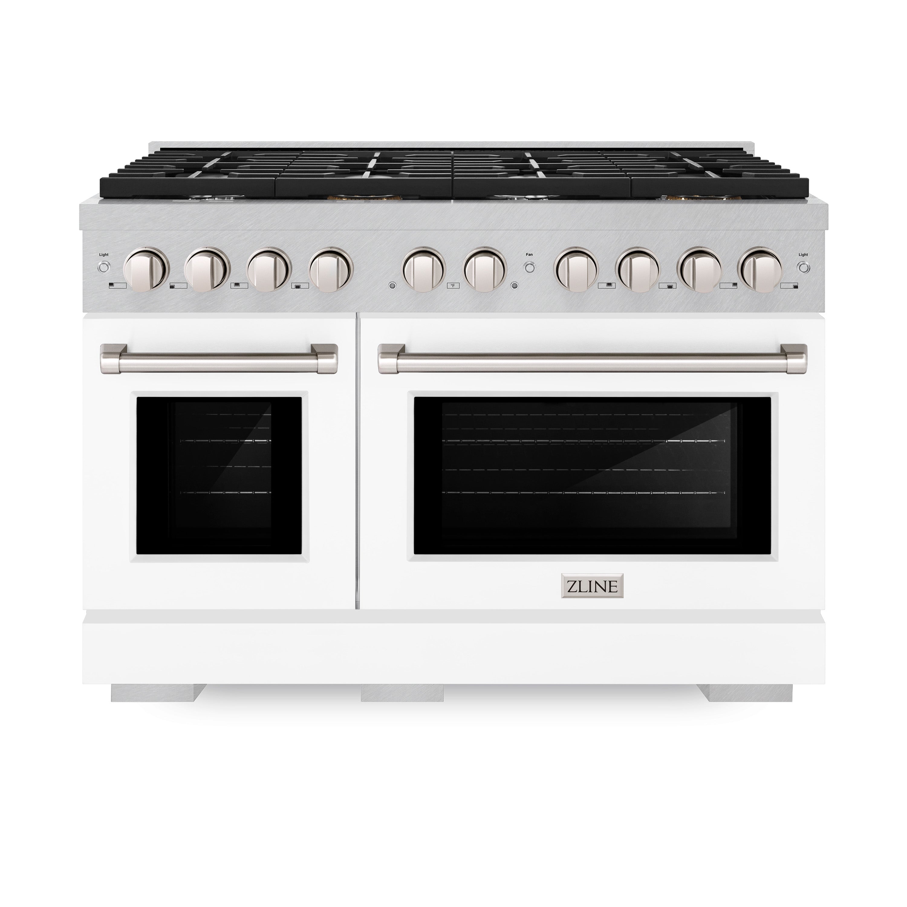 ZLINE 48 in. 6.7 cu. ft. 8 Burner Double Oven Gas Range in DuraSnow® Stainless Steel with White Matte Doors (SGRS-WM-48)