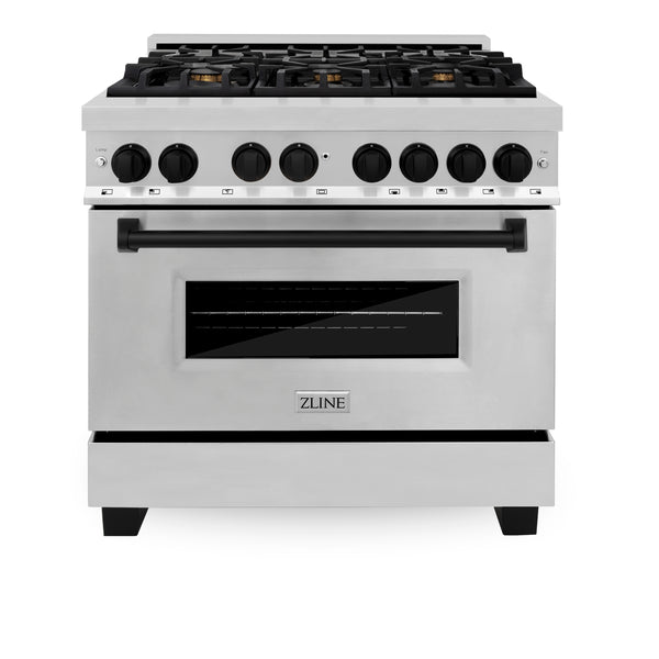 ZLINE Appliances - 2 Piece Kitchen Package - 36" Autograph Edition Stainless Steel Dual Fuel Range and Range Hood with Matte Black Accents (2AKP-RARH36-MB)