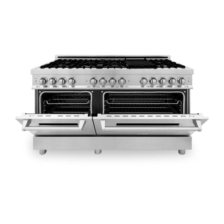 ZLINE Kitchen Package with Refrigeration, 60" Stainless Steel Dual Fuel Range, 60" Convertible Vent Range Hood, 24" Microwave Drawer, and 24" Tall Tub Dishwasher (5KPR-RARH60-MWDWV)