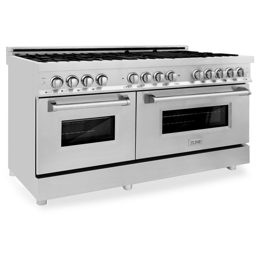 ZLINE Kitchen Package with Refrigeration, 60" Stainless Steel Dual Fuel Range, 60" Convertible Vent Range Hood, 24" Microwave Drawer, and 24" Tall Tub Dishwasher (5KPR-RARH60-MWDWV)