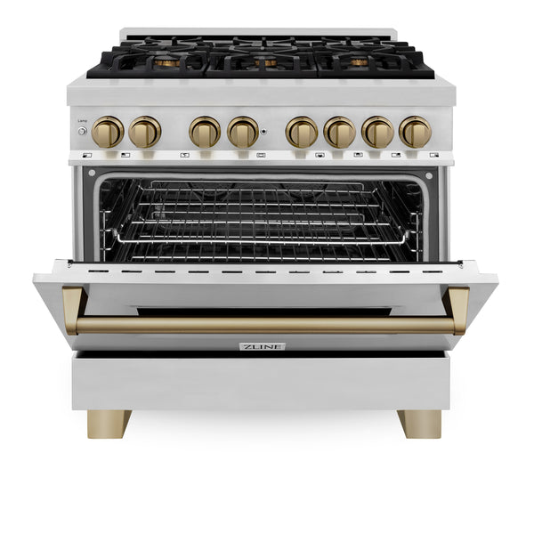 ZLINE Appliances - 2 Piece Kitchen Package - 36" Autograph Edition Stainless Steel Dual Fuel Range and Range Hood with Champagne Bronze Accents (2AKP-RARH36-CB)