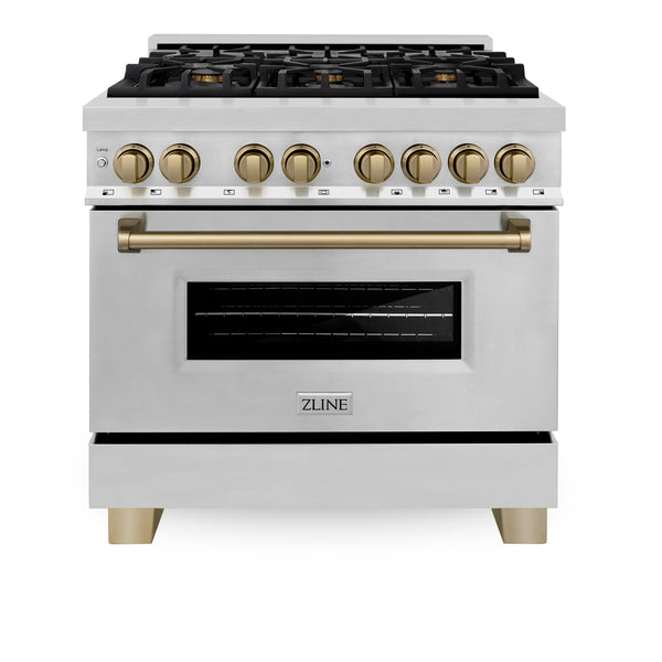 ZLINE Appliances 36" Autograph Edition Kitchen Package with Stainless Steel Dual Fuel Range, Range Hood and Dishwasher with Champagne Bronze Accents (3AKP-RARHDWM36-CB)