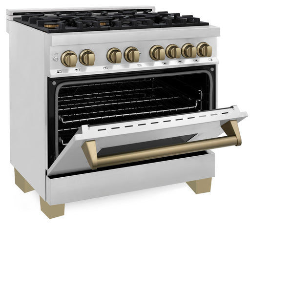 ZLINE Appliances - 2 Piece Kitchen Package - 36" Autograph Edition Stainless Steel Dual Fuel Range and Range Hood with Champagne Bronze Accents (2AKP-RARH36-CB)