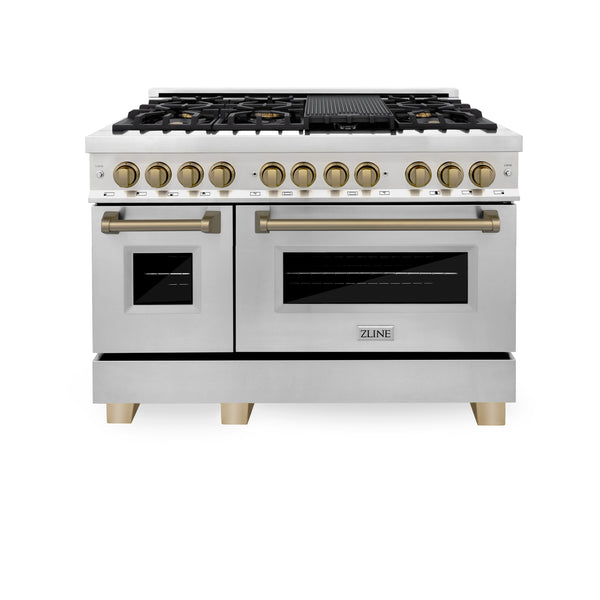 48" ZLINE Appliances Package - Autograph Edition Stainless Steel Dual Fuel Range, Range Hood, Dishwasher and Refrigerator with Champagne Bronze Accents(4KAPR-RARHDWM48-CB)