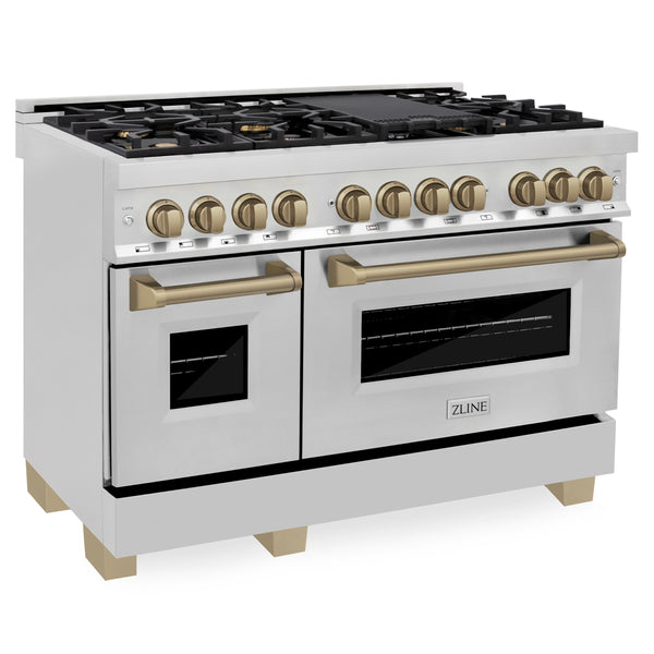 ZLINE Appliances 48" Autograph Edition Kitchen Package with Stainless Steel Dual Fuel Range, Range Hood and Dishwasher with Champagne Bronze Accents (3AKP-RARHDWM48-CB)