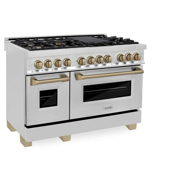 ZLINE Appliances - 2 Piece Kitchen Package - 48" Autograph Edition Stainless Steel Dual Fuel Range and Range Hood with Champagne Bronze Accents (2AKP-RARH48-CB)