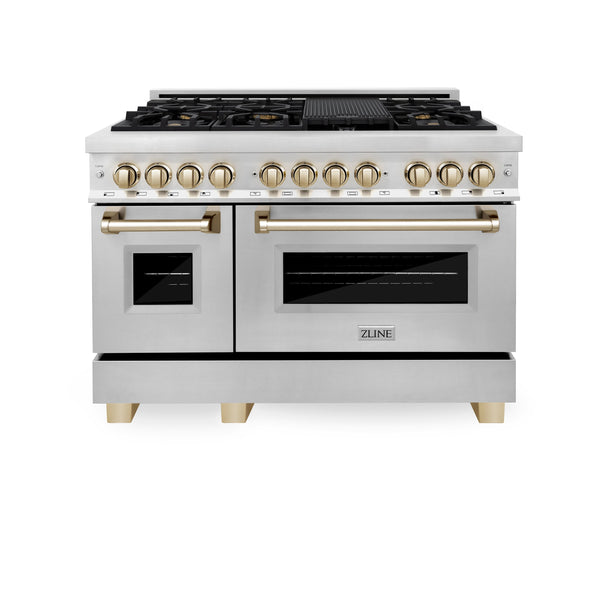 ZLINE Appliances 48" Autograph Edition Kitchen Package with Stainless Steel Dual Fuel Range, Range Hood and Dishwasher with Gold Accents (3AKP-RARHDWM48-G)