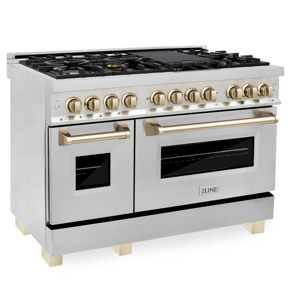 ZLINE Appliances 48" Autograph Edition Kitchen Package with Stainless Steel Dual Fuel Range, Range Hood and Dishwasher with Gold Accents (3AKP-RARHDWM48-G)