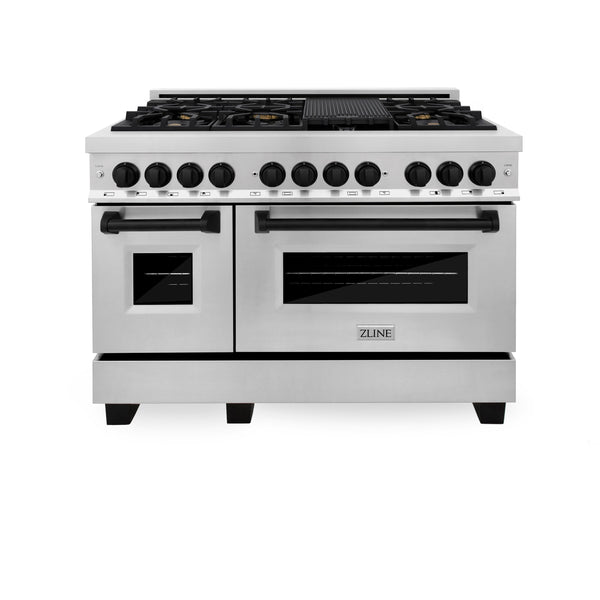 48" ZLINE Appliances Package - Autograph Edition Stainless Steel Dual Fuel Range, Range Hood, Dishwasher and Refrigeration with Matte Black Accents (4KAPR-RARHDWM48-MB)