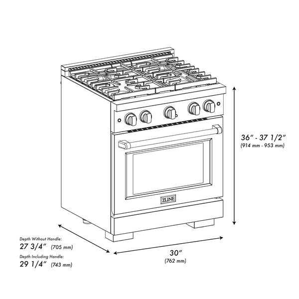 ZLINE Appliances Kitchen Package with Refrigeration, 30" Stainless Steel Gas Range, 30" Range Hood, Microwave Drawer, and 24" Tall Tub Dishwasher (5KPR-SGRRH30-MWDWV)