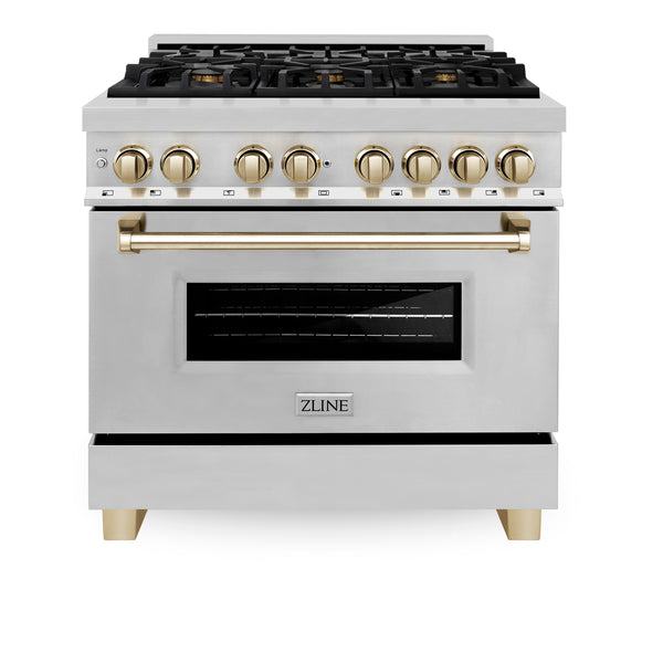 ZLINE Appliances - 2 Piece Kitchen Package - 36" Autograph Edition Stainless Steel Dual Fuel Range and Range Hood with Gold Accents (2AKP-RARH36-G)