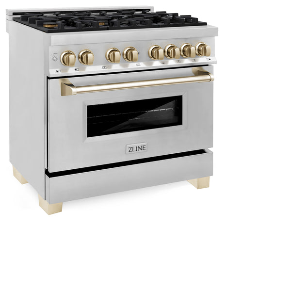 ZLINE Appliances 36" Autograph Edition Kitchen Package with Stainless Steel Dual Fuel Range, Range Hood and Dishwasher with Gold Accents (3AKP-RARHDWM36-G)