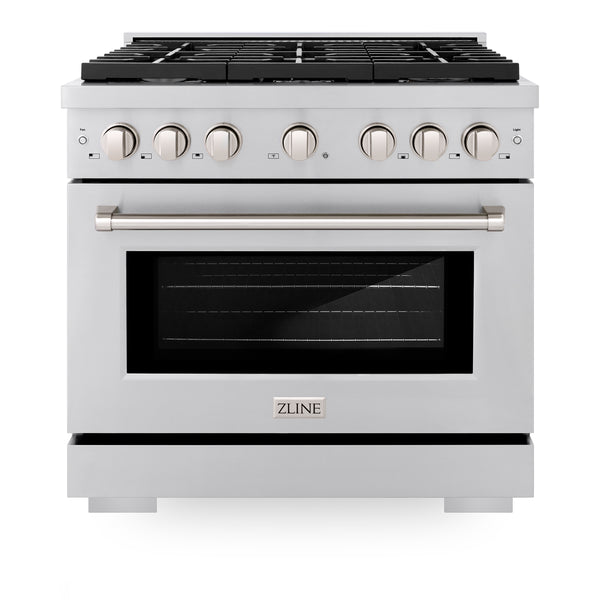 ZLINE Appliances 36" Kitchen Package with Stainless Steel Gas Range, Range Hood, Microwave Drawer, Tall Tub Dishwasher and Wine Cooler (5KP-SGRRH36-MWDWV-RWV)