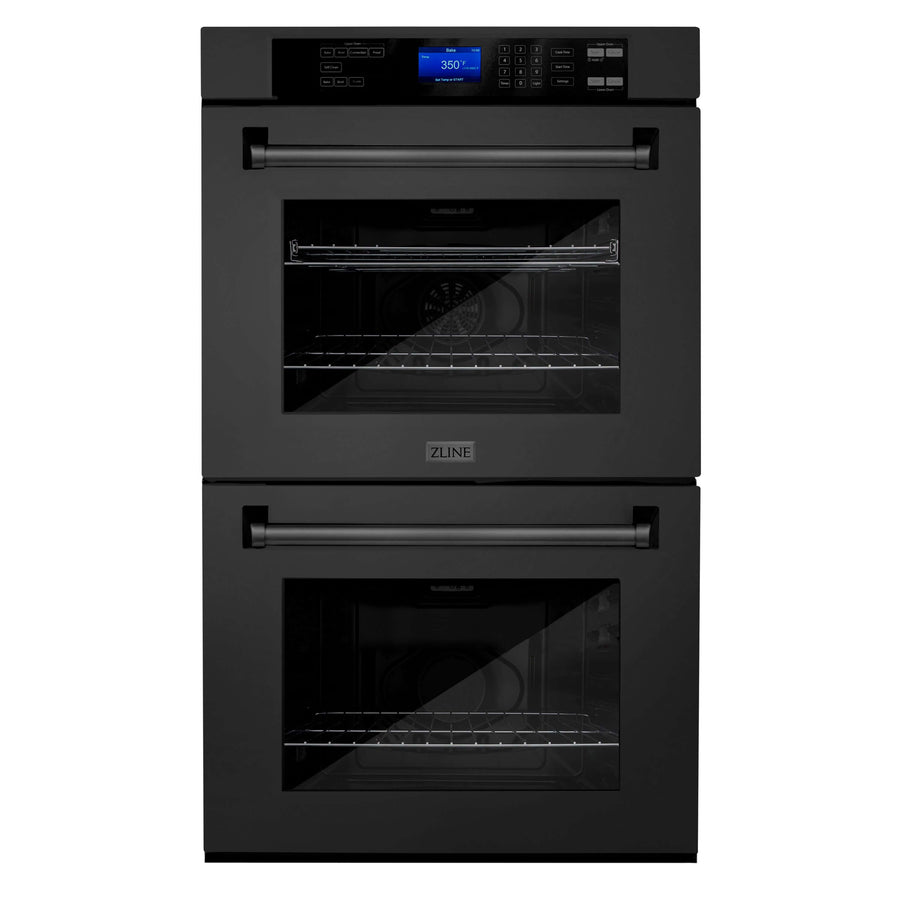 ZLINE Kitchen Package with Refrigeration, 48" Black Stainless Steel Gas Rangetop, 48" Convertible Vent Range Hood, 30" Double Wall Oven, and 24" Tall Tub Dishwasher (5KPR-RTBRH48-AWDDWV)