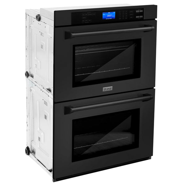 ZLINE Kitchen Package with Refrigeration, 48" Black Stainless Steel Gas Rangetop, 48" Convertible Vent Range Hood, 30" Double Wall Oven, and 24" Tall Tub Dishwasher (5KPR-RTBRH48-AWDDWV)